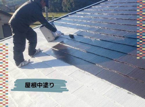 秋晴れの屋根塗装日和＾＾白老郡で屋根の中塗りの様子です。