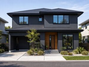 ダークグレーの外壁と黒い屋根に木目調の玄関ドアが映えるモダンな二階建て住宅
