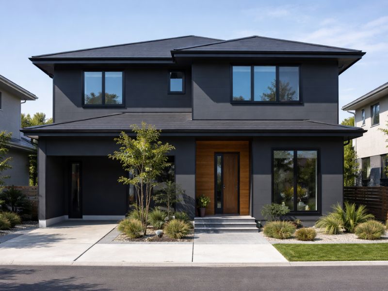 ダークグレーの外壁と黒い屋根に木目調の玄関ドアが映えるモダンな二階建て住宅
